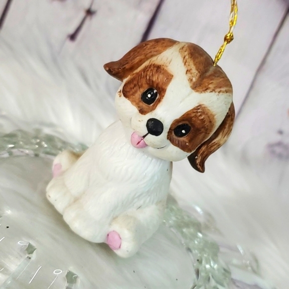 Vintage Ceramic Puppy Dog Pup Christmas Kitschy Holiday Ornament Bell Brown Wht - Picture 3 of 13
